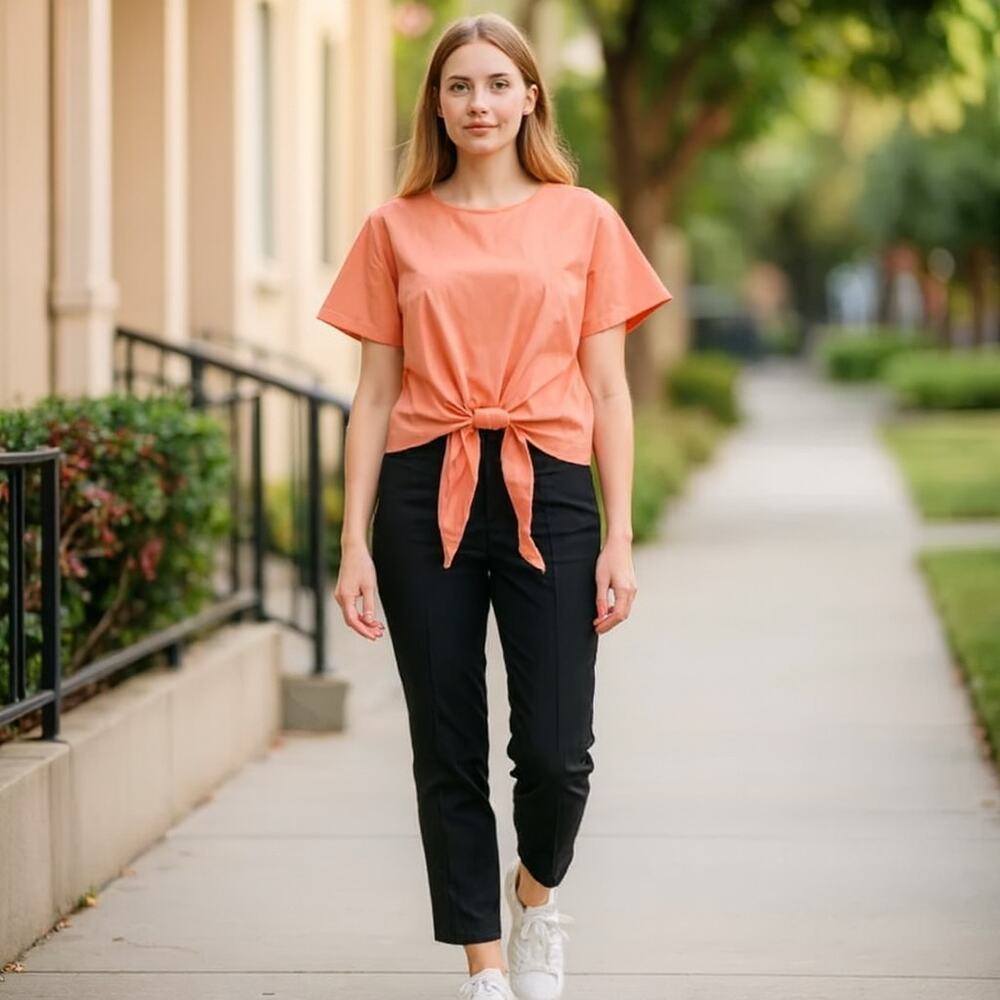 Love Riche Orange Tie Front Button Back Cotton Blouse Top M NWT